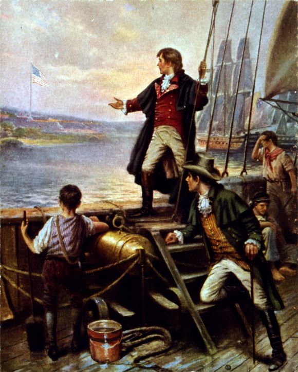 [Artist's conception of Francis Scott Key seeing that the American 'flag was still there' at Fort McHenry.]