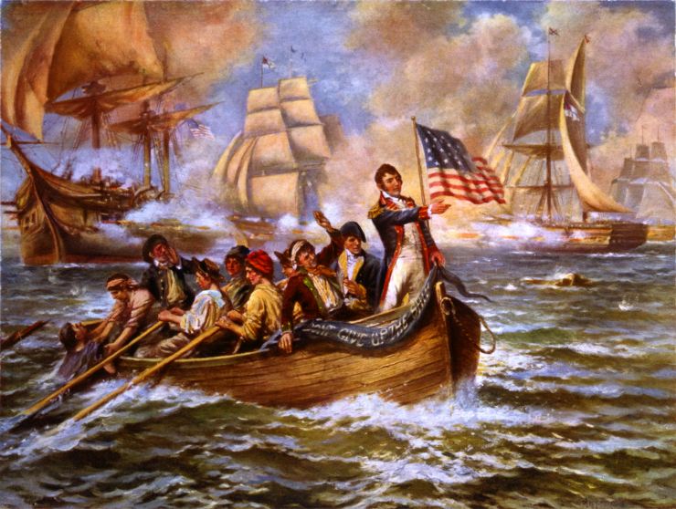 [Oliver Hazard Perry during the Battle of Lake Erie, standing at the front of a rowboat en route from the Lawrence to the Niagara.]