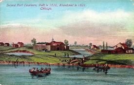 Postcard captioned "Second Fort Dearborn, built in 1816, abandoned in 1821, Chicago".